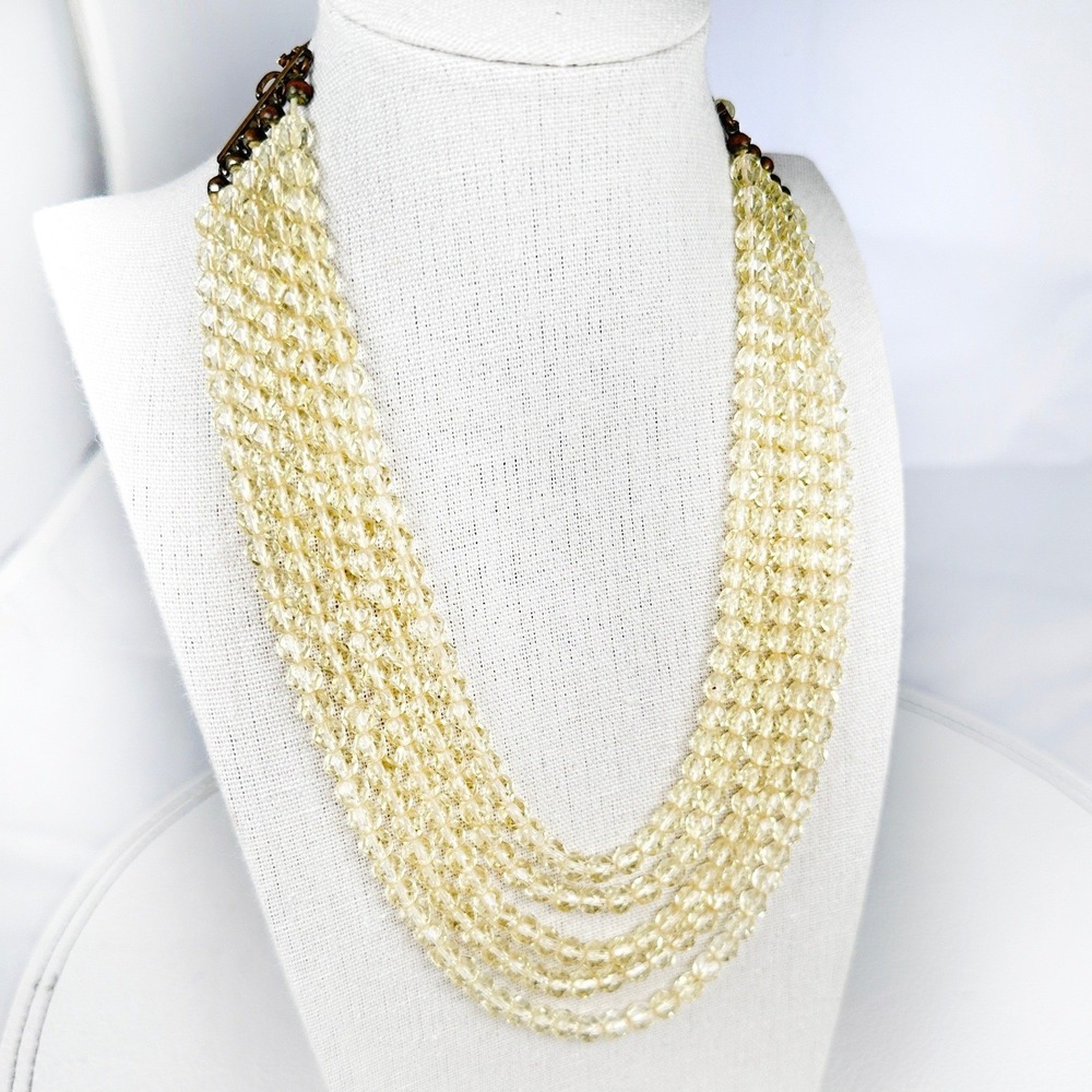Vintage‎ 5-Strand Pale Yellow Glass Bead Necklace 16-19" w/ 2" Extender